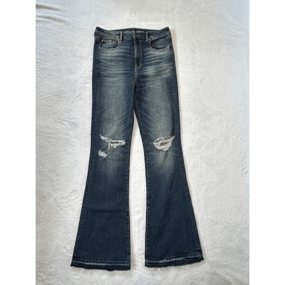 American Eagle Highest Rise Flare Jeans, Distressed Super Stretch Size 12 X-Long